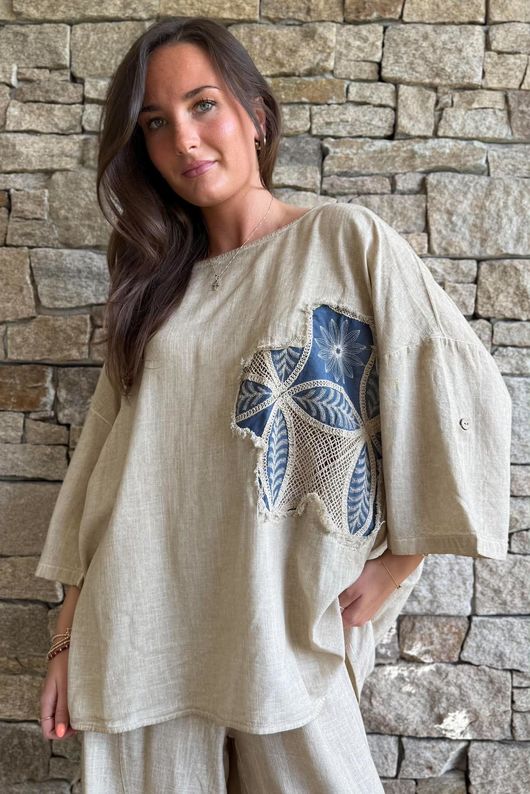 Lindin Linen Blend Crochet Flower Top Washed Sandstone